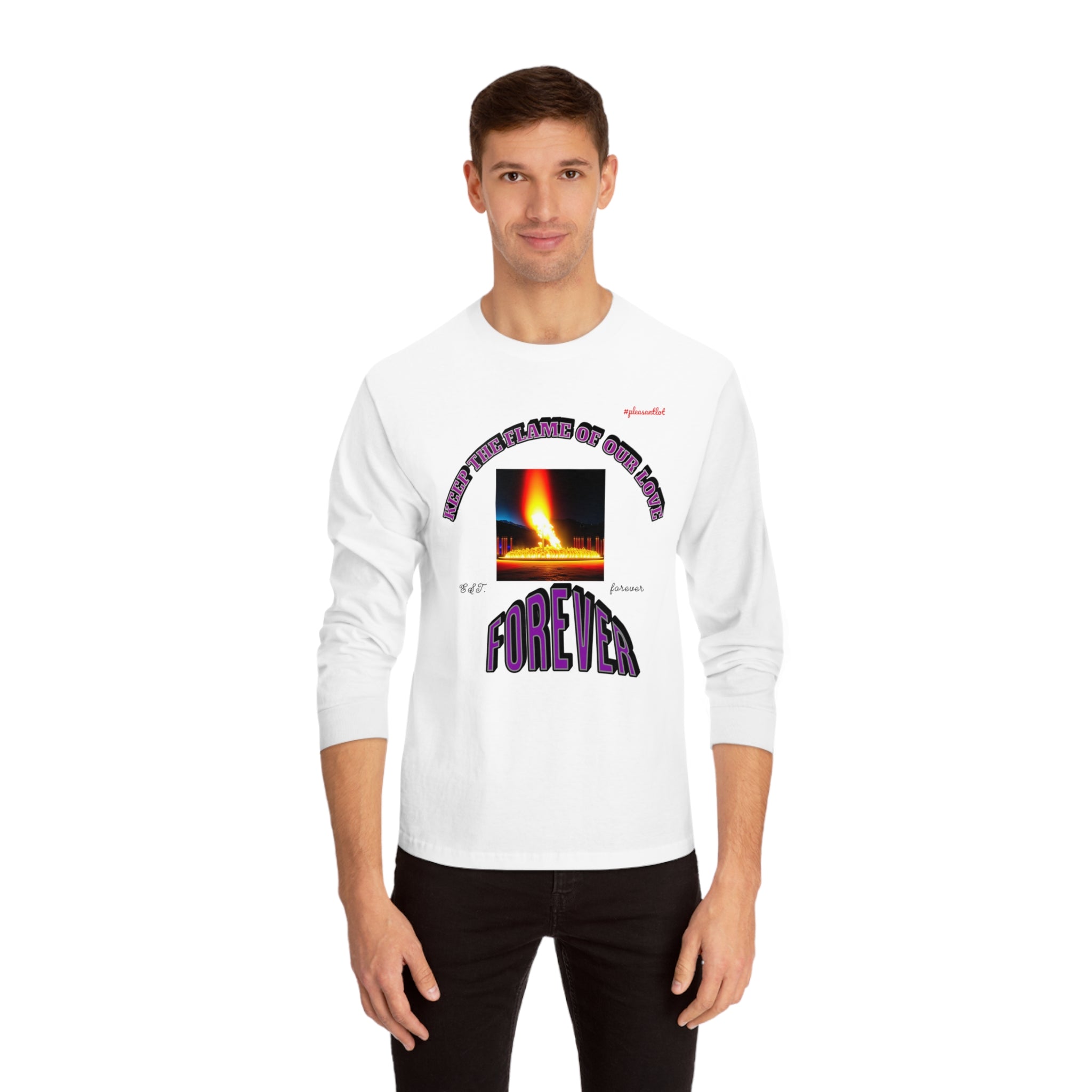 A comfortable long sleeve t-shirt with graphic design of golden flame and inscription KEEP THE FLAME OF OUR LOVE FOREVER.