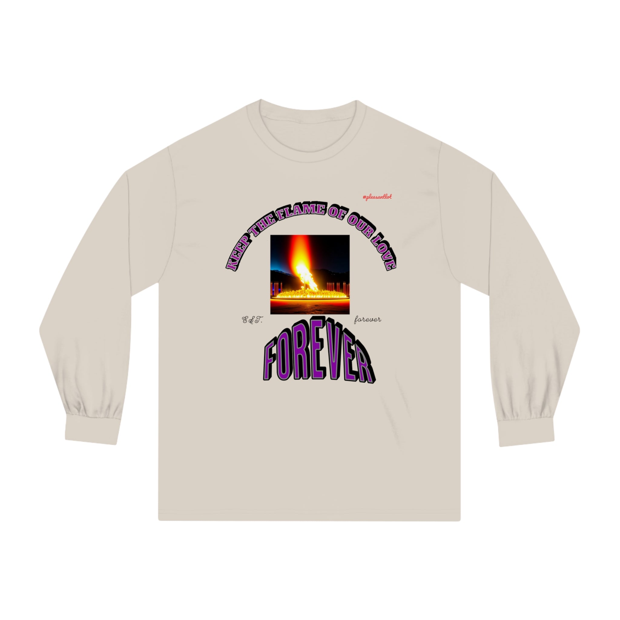 A comfortable long sleeve t-shirt with graphic design of golden flame and inscription KEEP THE FLAME OF OUR LOVE FOREVER.