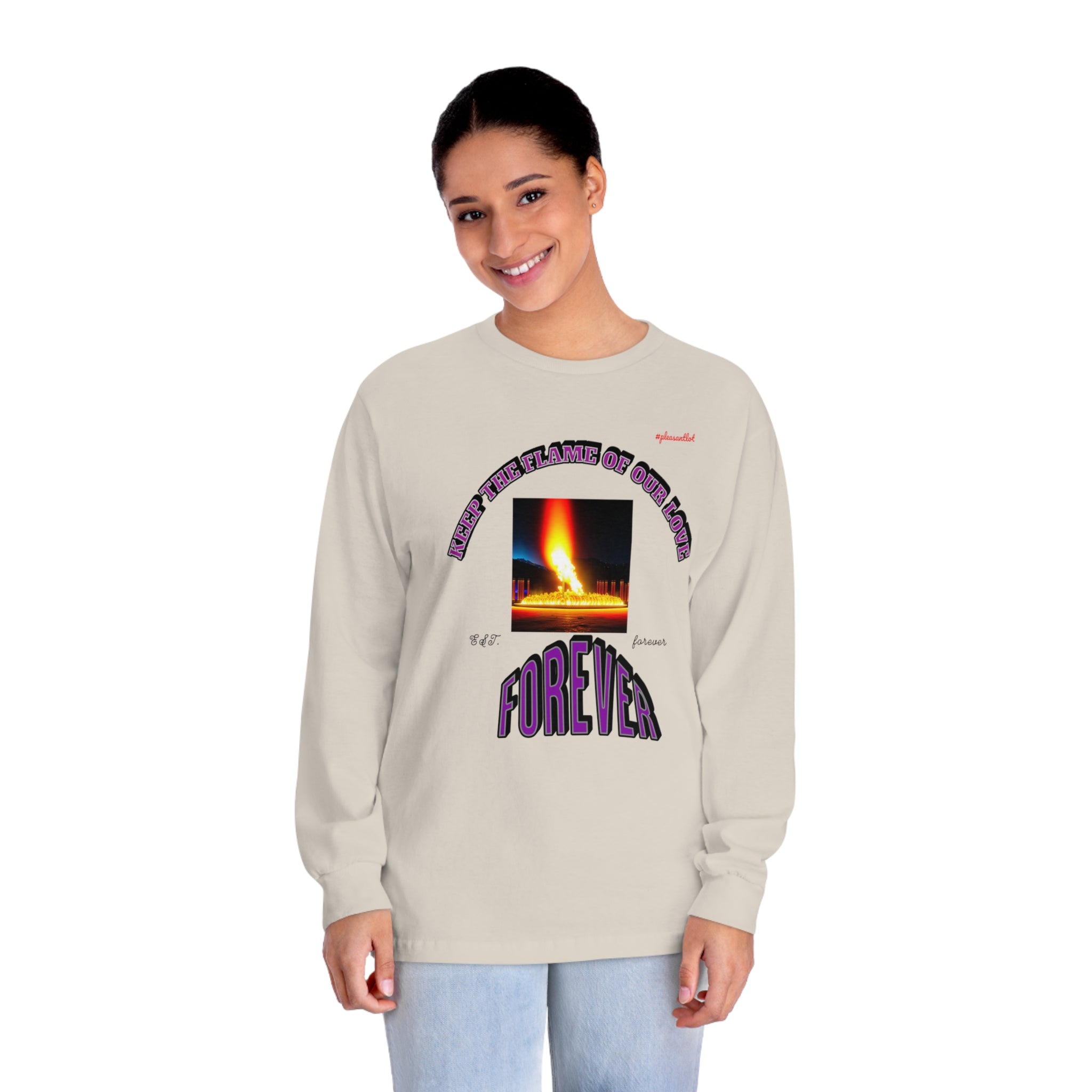 A comfortable long sleeve t-shirt with graphic design of golden flame and inscription KEEP THE FLAME OF OUR LOVE FOREVER.