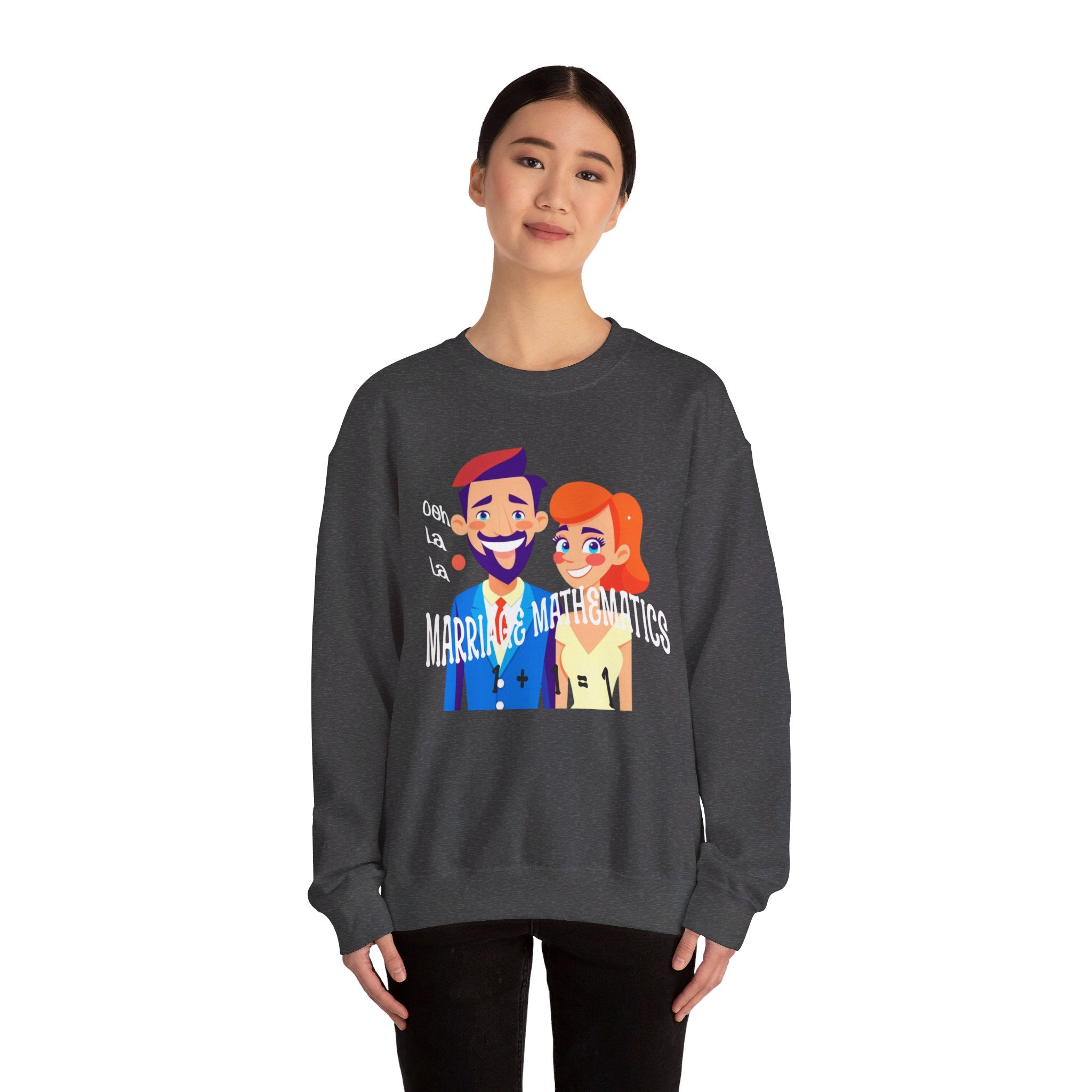 Happy mood Unisex Heavy Blend™ Crewneck Sweatshirt, Marriage Mathematics, 1 + 1 = 1
