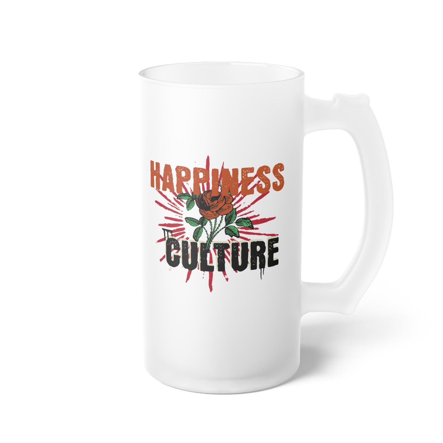 Happy-Hour Frosted Glass Beer Mug, Happiness Culture design