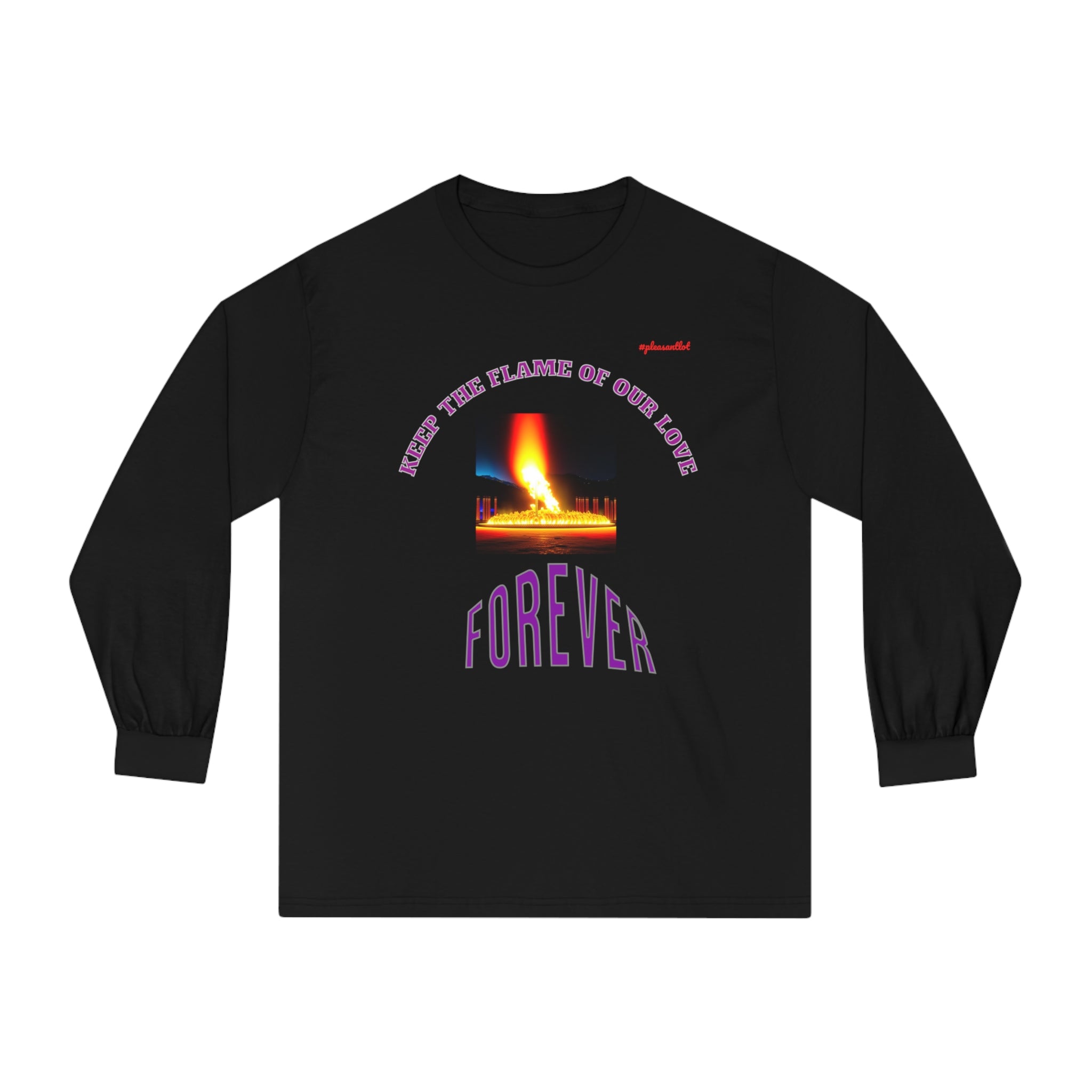 A comfortable long sleeve t-shirt with graphic design of golden flame and inscription KEEP THE FLAME OF OUR LOVE FOREVER.
