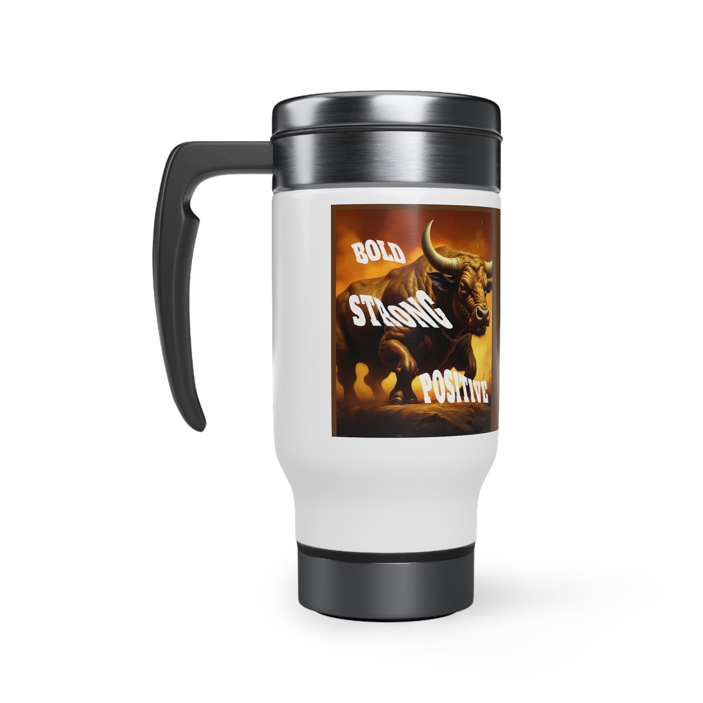 Rugged-Bull Stainless Steel Travel Mug with Handle, 14oz, Bold, Strong,Positive