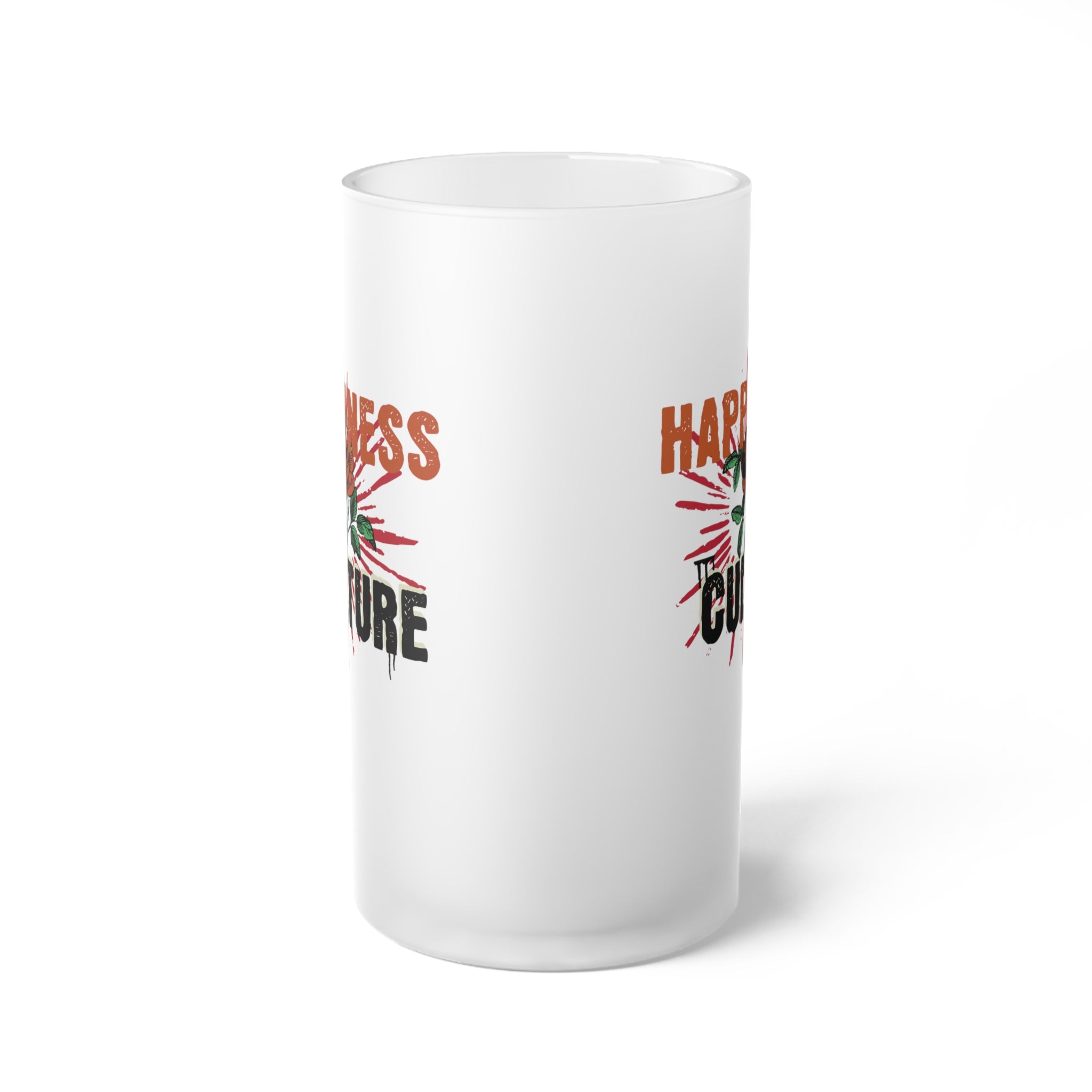 Happy-Hour Frosted Glass Beer Mug, Happiness Culture design