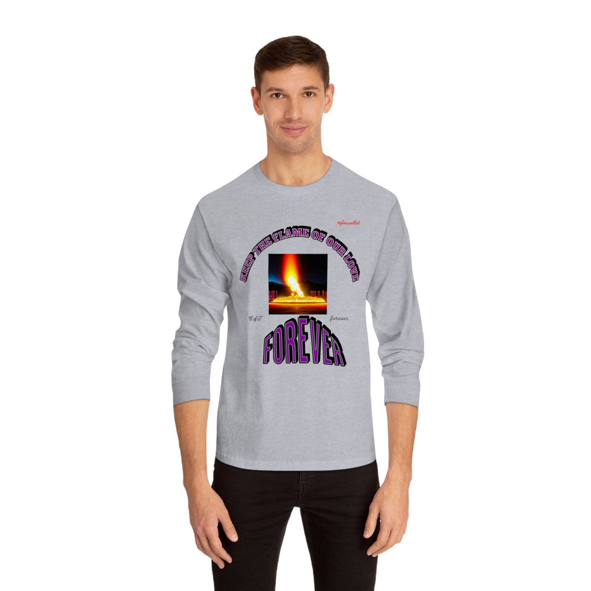 A comfortable long sleeve t-shirt with graphic design of golden flame and inscription KEEP THE FLAME OF OUR LOVE FOREVER.
