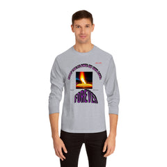 A comfortable long sleeve t-shirt with graphic design of golden flame and inscription KEEP THE FLAME OF OUR LOVE FOREVER.