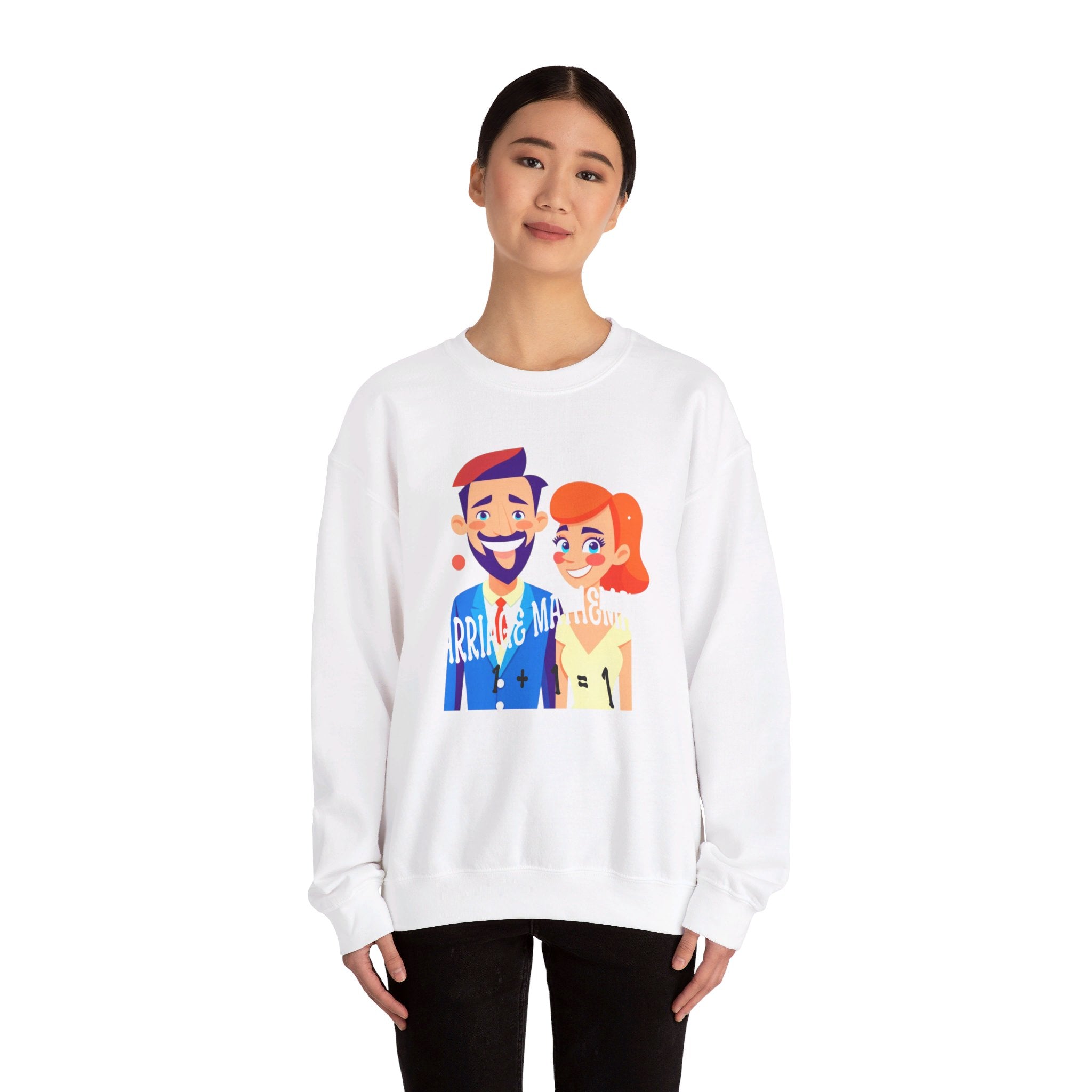 Happy mood Unisex Heavy Blend™ Crewneck Sweatshirt, Marriage Mathematics, 1 + 1 = 1
